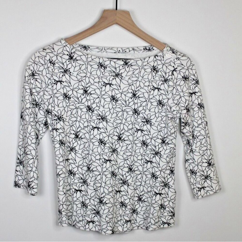 Charter Club Womens Petite Small White and Black Flower Cotton 3/4 Length Top
